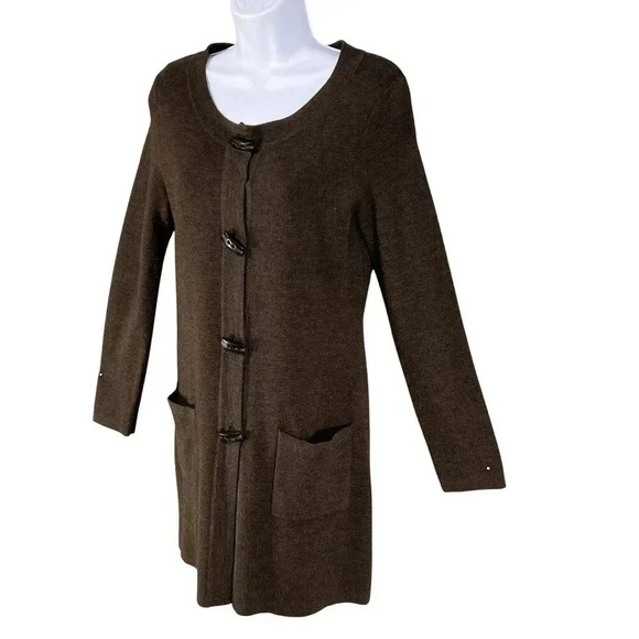 Ellen Tracy Women M Merino Wool Blend Cardigan Dress Toggle Buttons Pockets - Picture 5 of 16